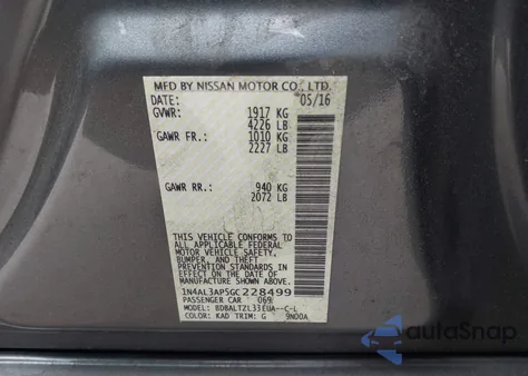 2016 Nissan Altima 2.5 Sl from USA, damaged, VIN 1N4AL3AP5GC228499